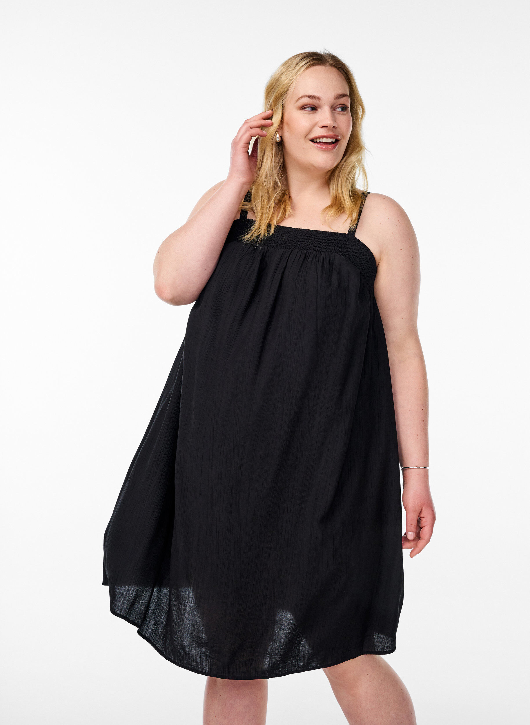 Zizzifashion Short viscose dress with spaghetti straps, Black, Model image number 0
