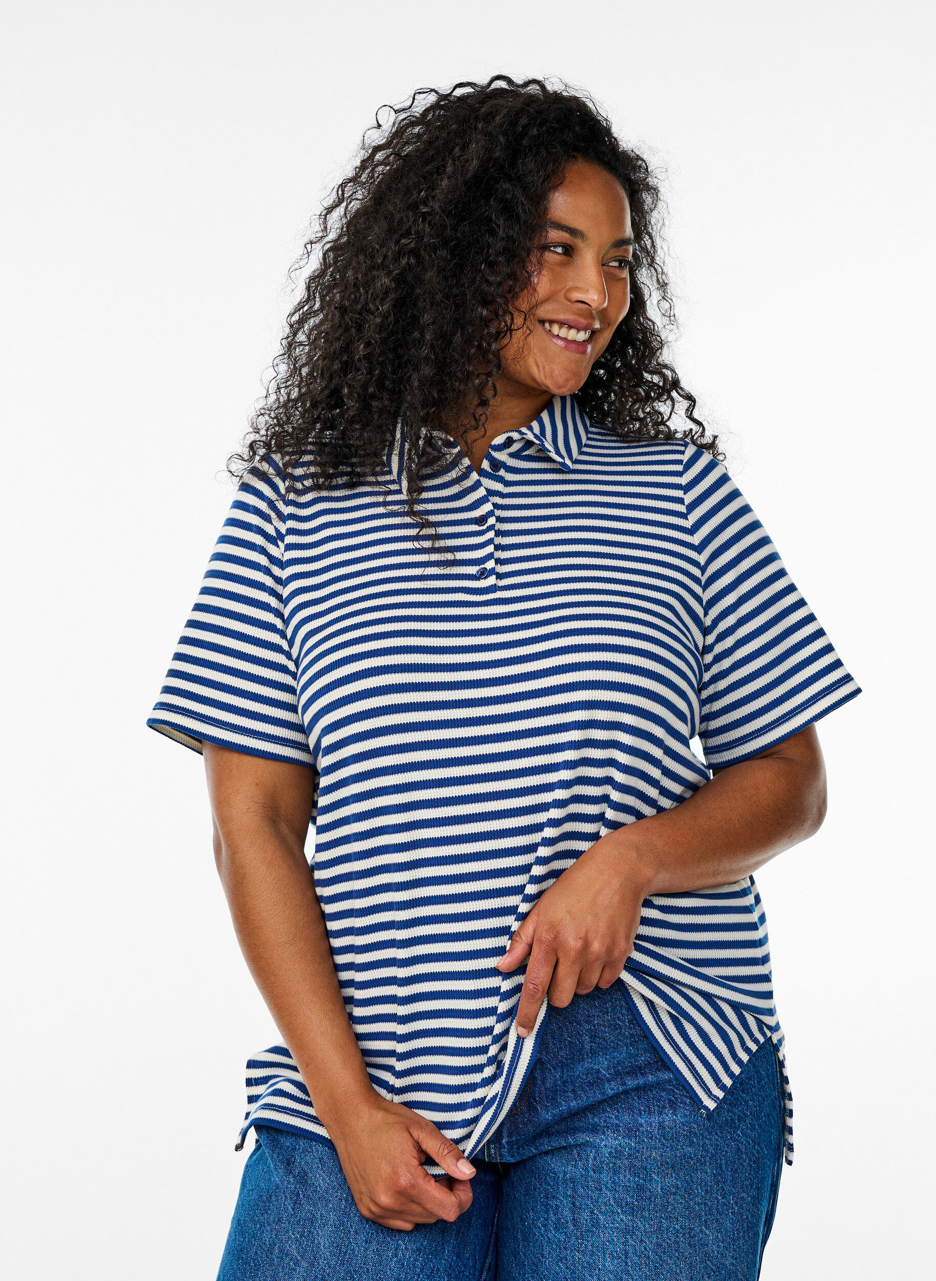 Short sleeve polo shirt with stripes, Blue, Model