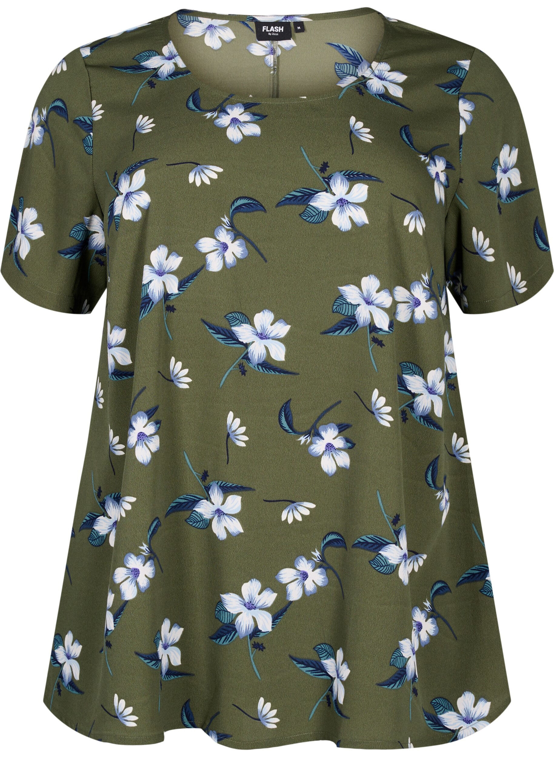 Zizzifashion FLASH - Blouse with short sleeves and print, Olive Night Flower, Packshot image number 0