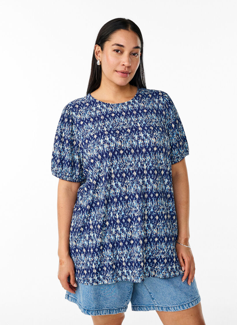 Patterned blouse with short sleeves, Blue, Model image number 0