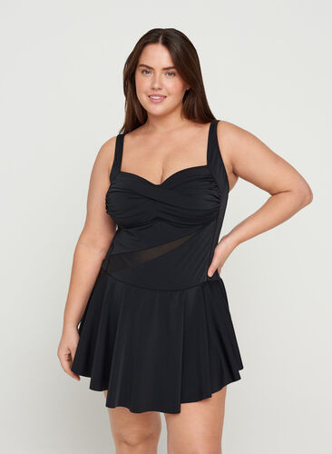 Swimsuit dress with skirt and mesh, Black, Model image number 0