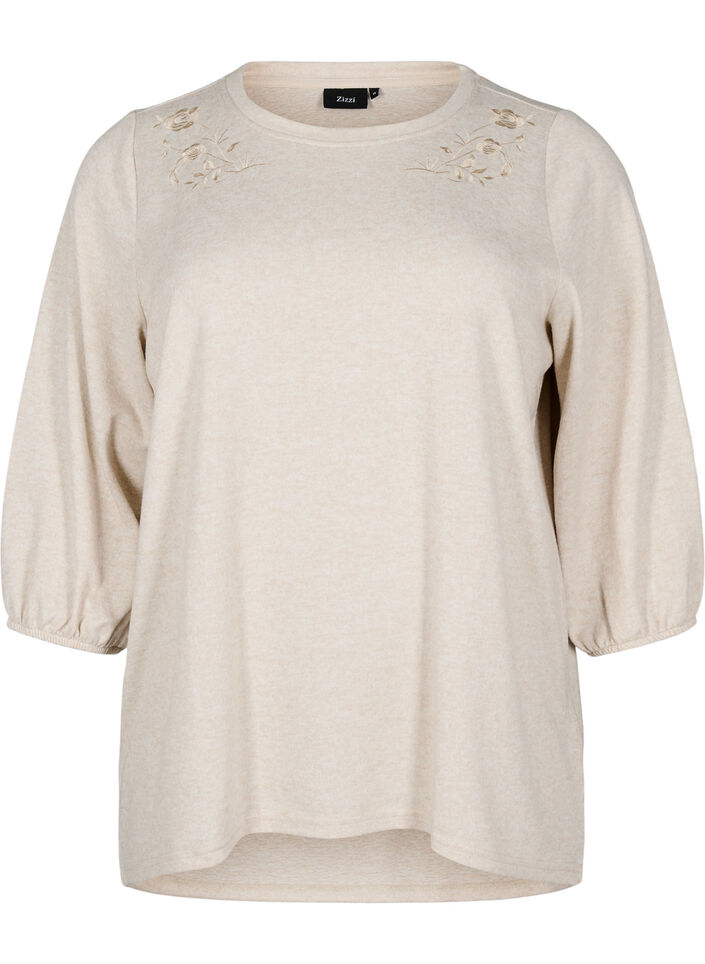 Blouse with floral embroidery and 3/4 sleeves, Oatmeal Melange, Packshot image number 0