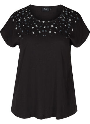 Short-sleeved cotton t-shirt with starts, Black STARS, Packshot image number 0