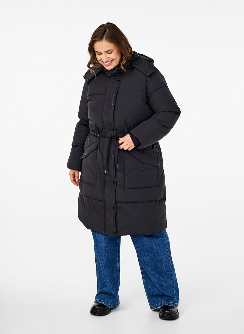 Puffer coat with adjustable waist, Black, Model image number 1