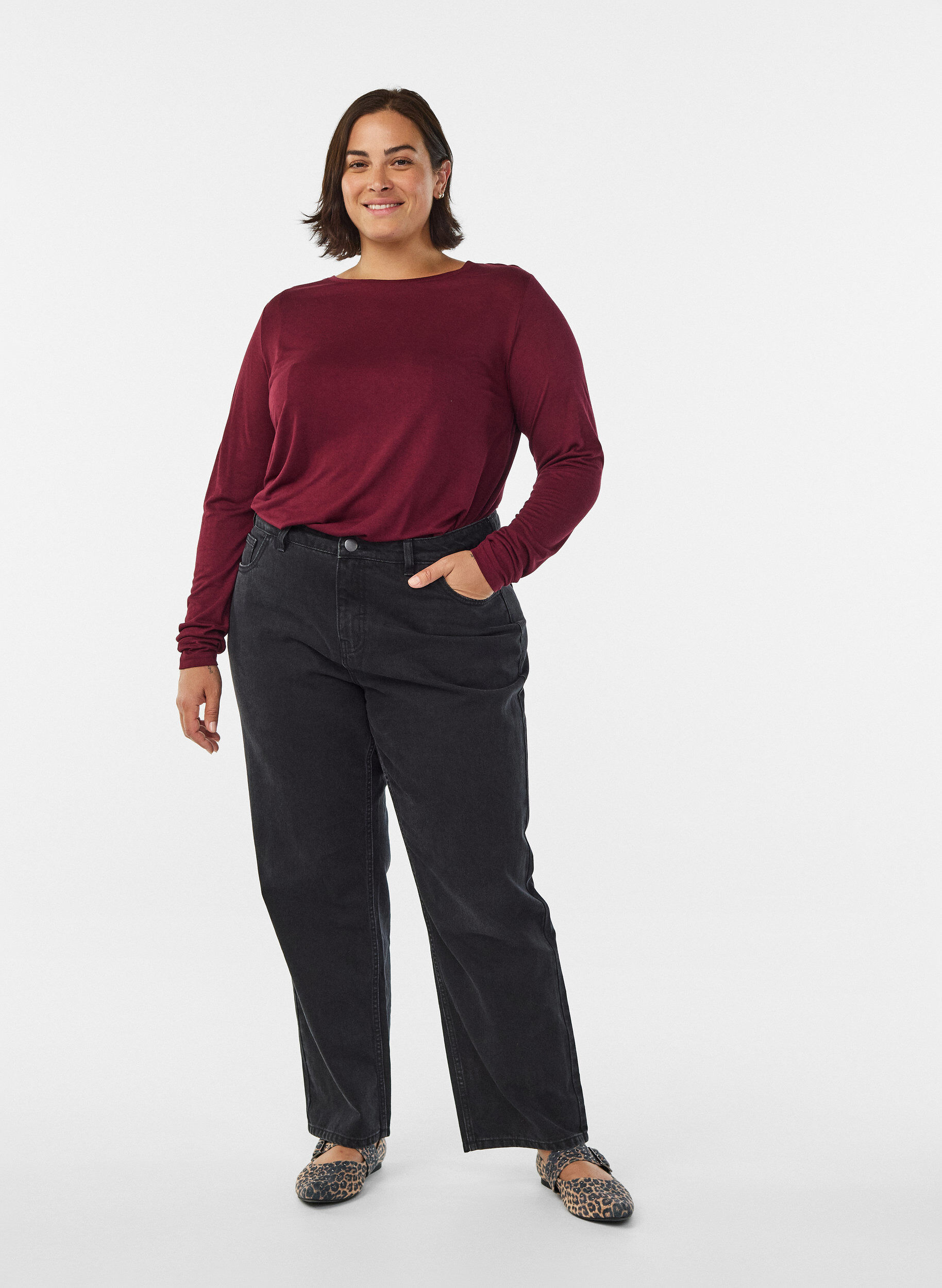 ZizzifashionLong-sleeved blouse in wool and viscose, Dark Bordeaux, Model image number 1