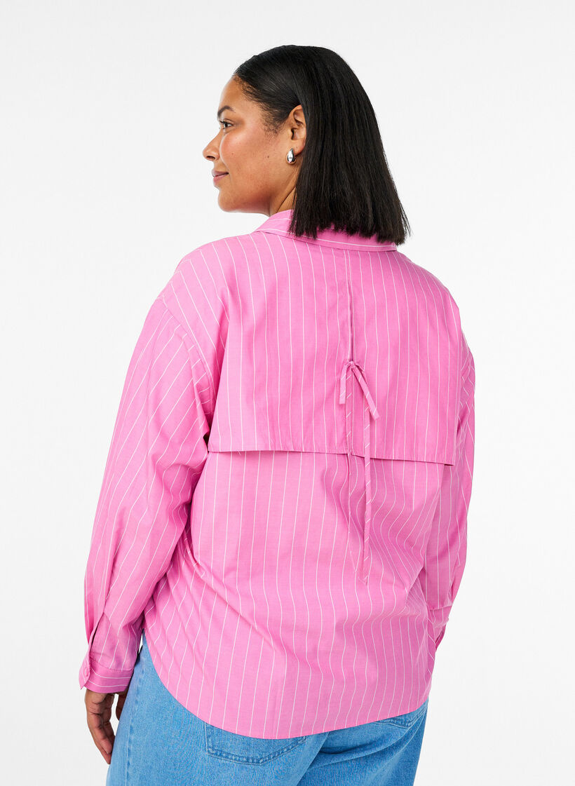 Shirt blouse with pinstripes and tie detail at the back, Pink, Model image number 2