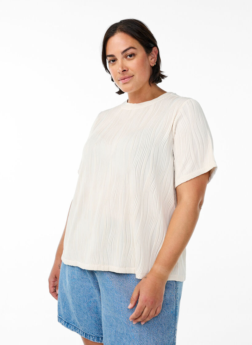 Blouse with short sleeves and a wavy texture, Beige, Model image number 0