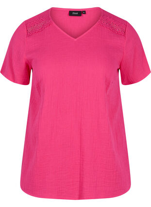 Short-sleeved cotton blouse with lace, Beetroot, Packshot image number 0