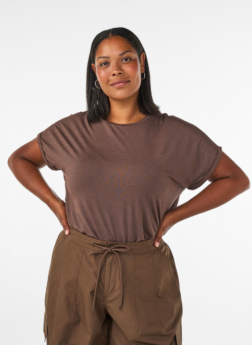 Viscose T-shirt with glitter stripes, Brown, Model image number 0