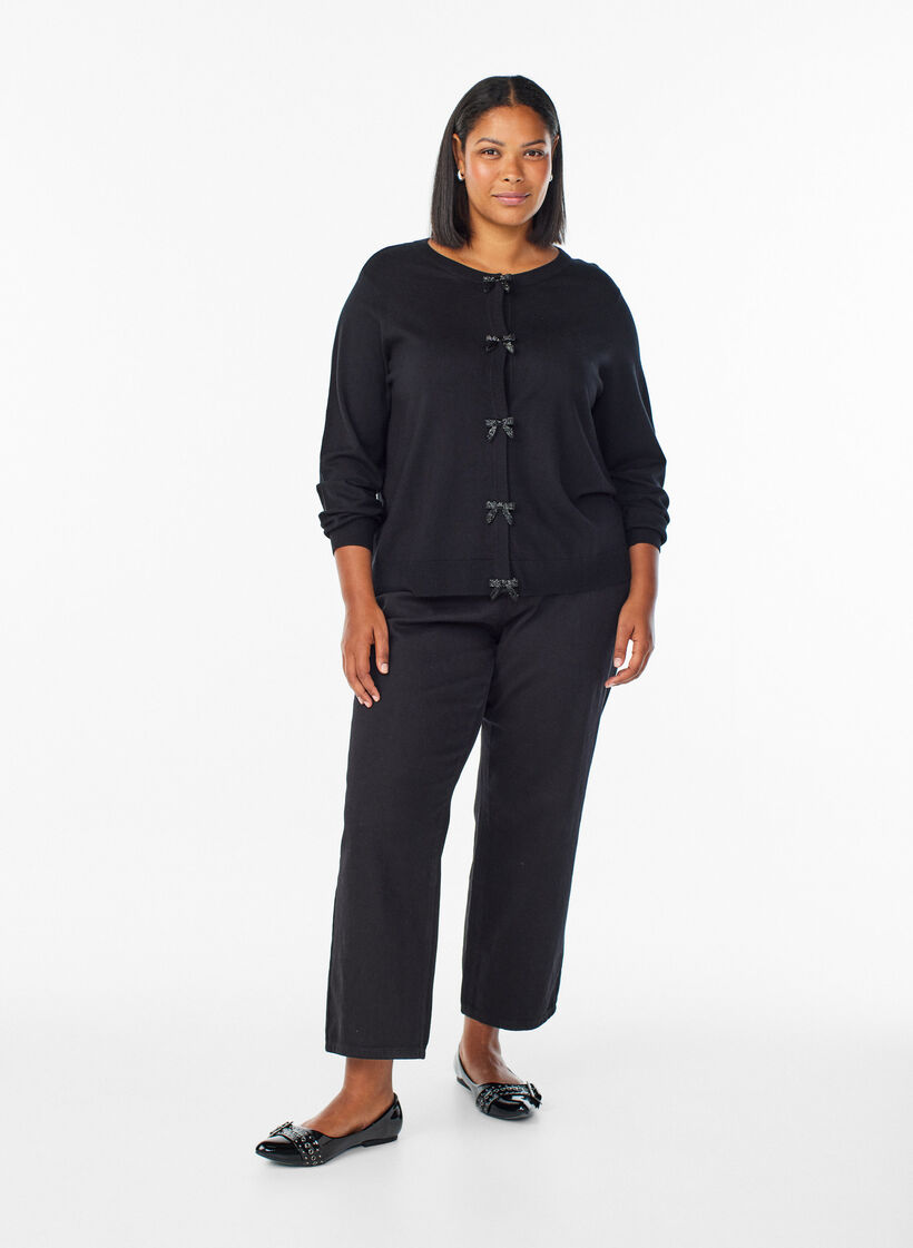 Cardigan with pearl-embroidered bows and press studs, Black, Model image number 1