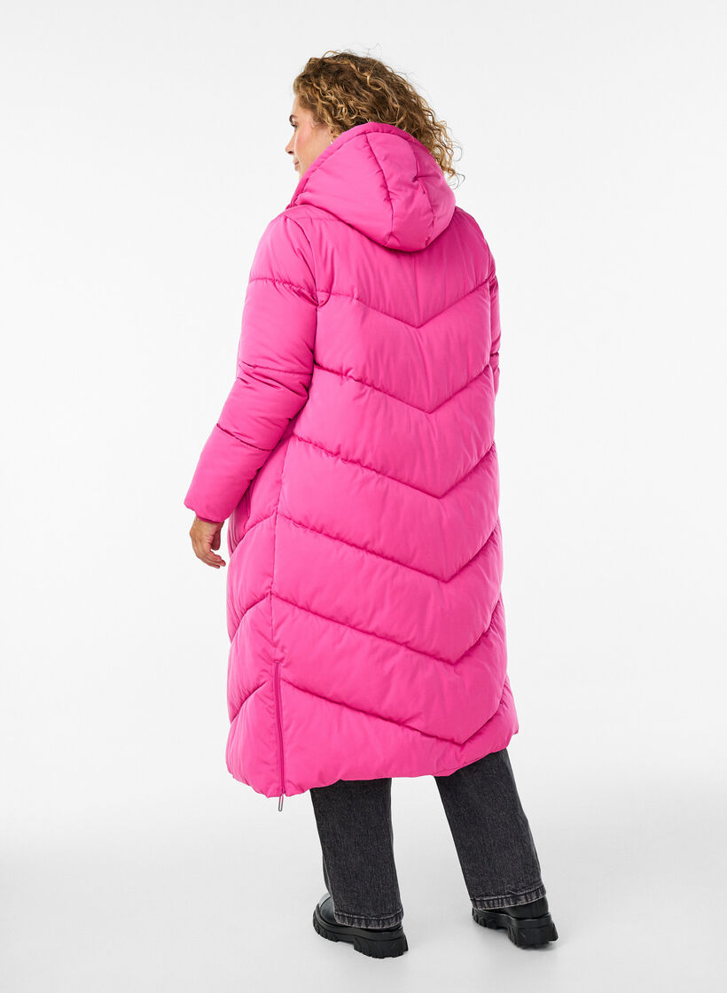 Long puffer coat with hood and pockets, Rose, Model image number 1