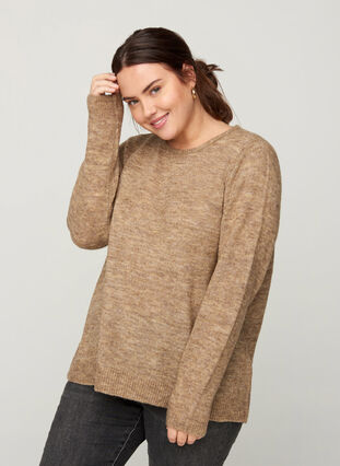 Marled knitted blouse with a round neck, Dune Melange, Model image number 0