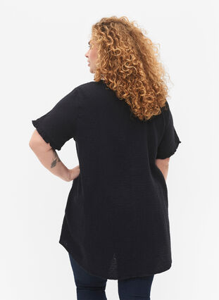 Short-sleeved cotton tunic with ruffles, Black, Model image number 1