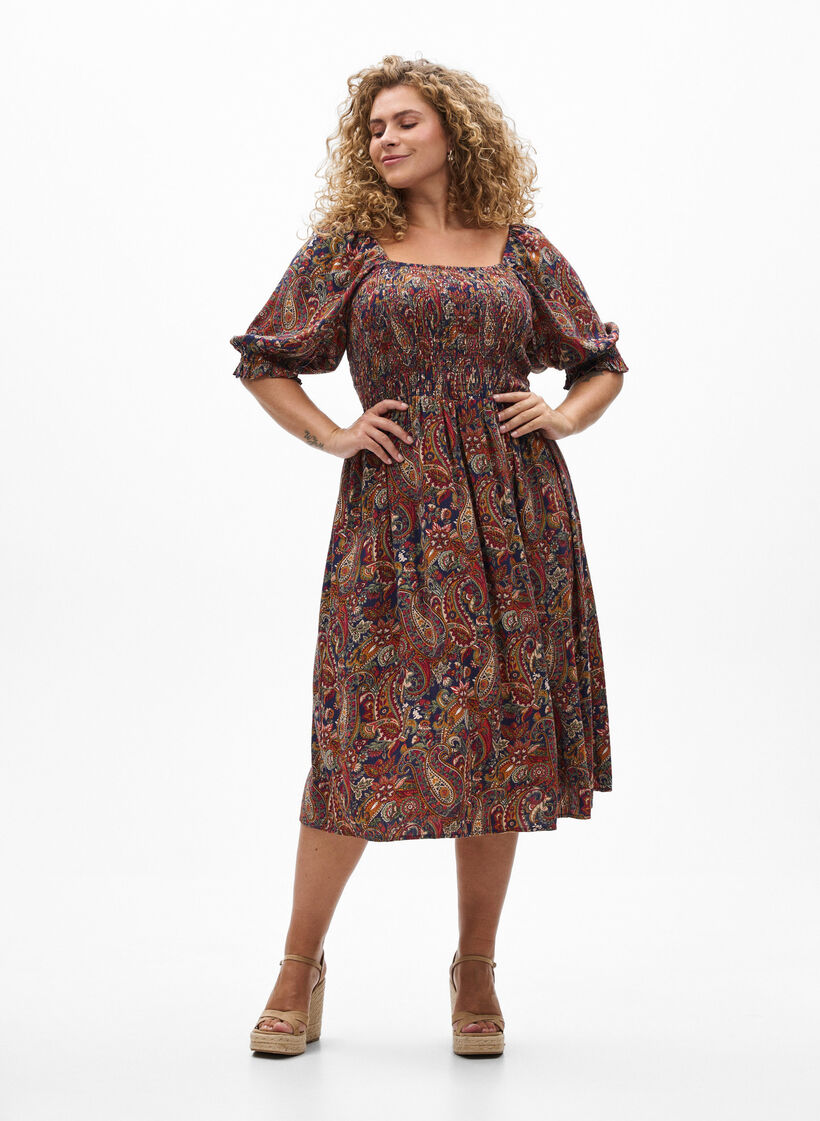 Summer dress in viscose with paisley print, Blue, Model image number 1