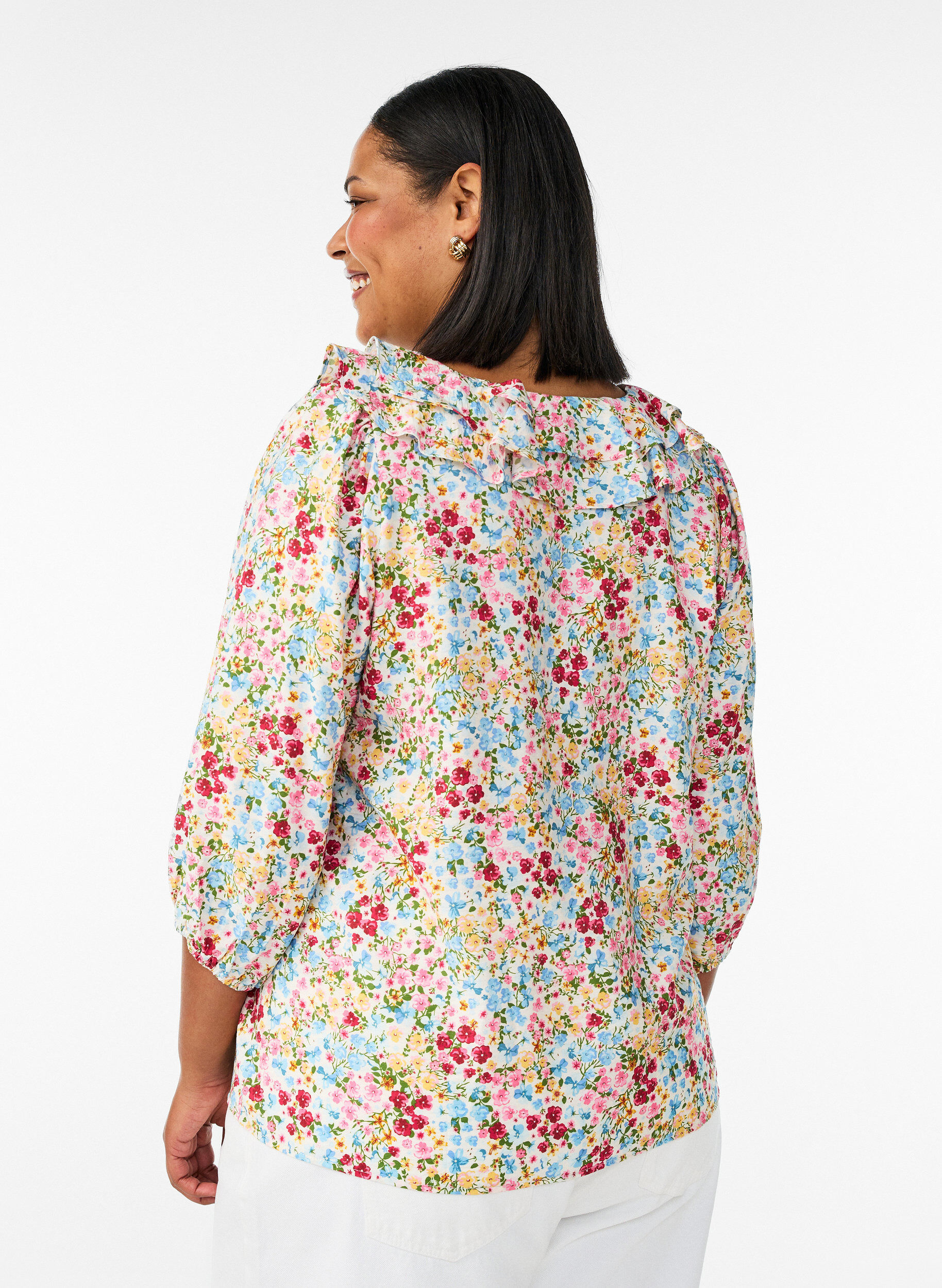 Zizzifashion Viscose blouse with floral print and 3/4 sleeves, Blue, Model image number 2