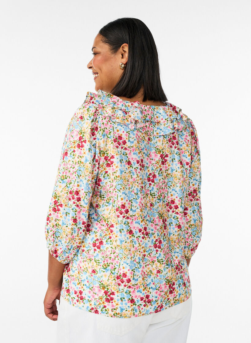 Viscose blouse with floral print and 3/4 sleeves, Blue, Model image number 2