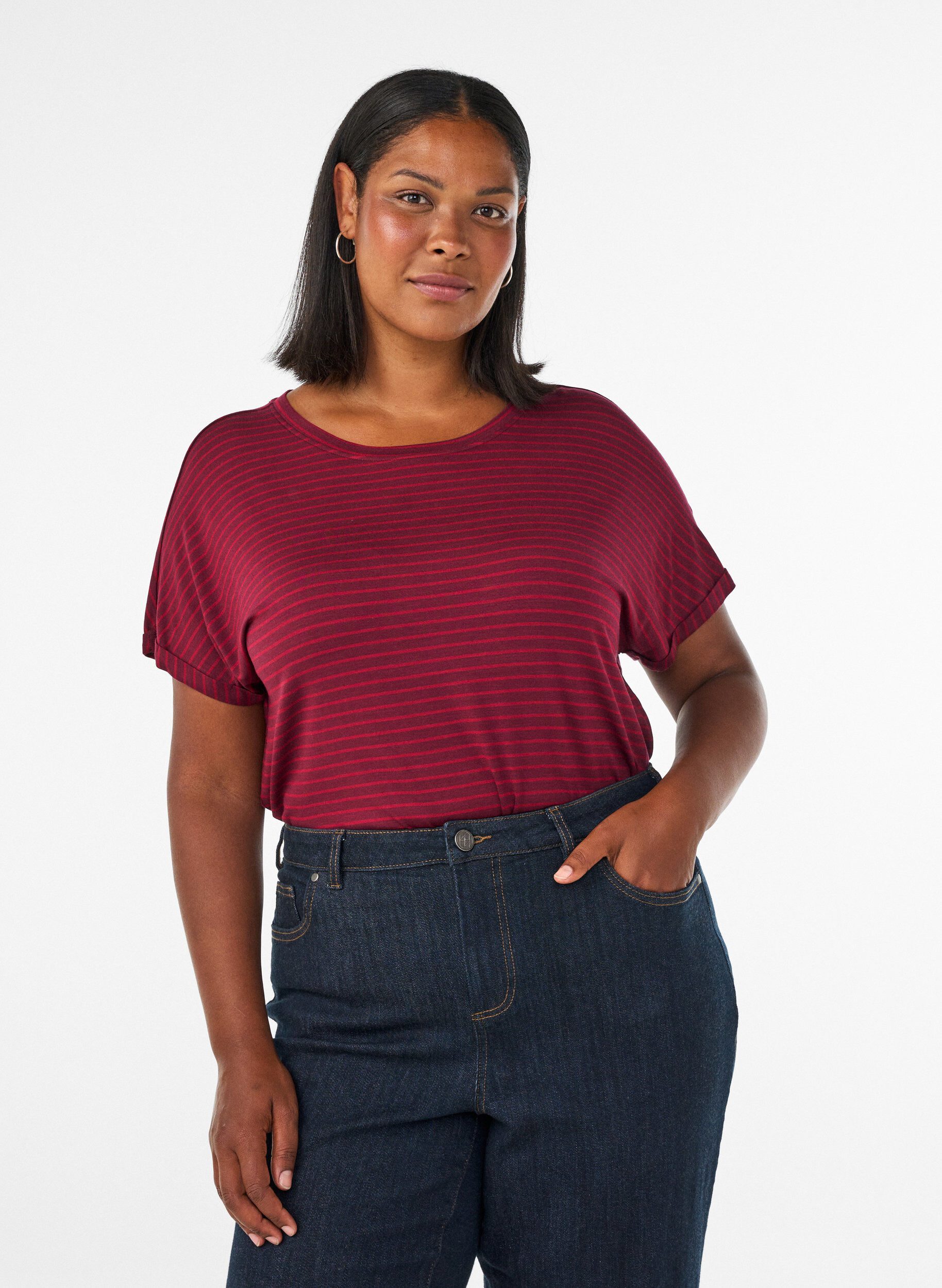 ZizzifashionStriped T-shirt in viscose with a round neck, Red, Model image number 0