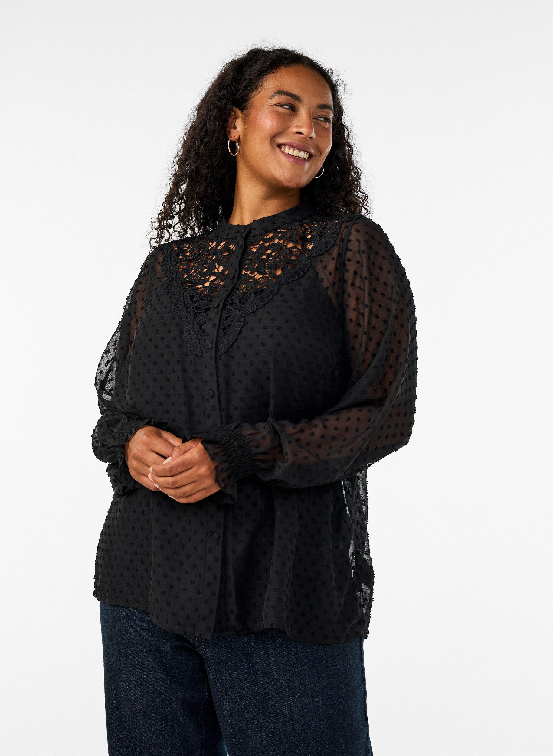 ZizzifashionShirt blouse with lace insert and dot pattern, Black, Model image number 0