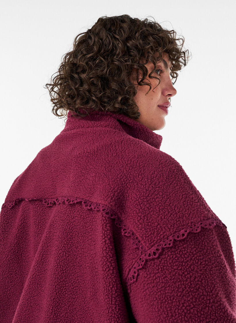 Teddy jacket with eyelet embroidery trim and high collar, Red, Model image number 3