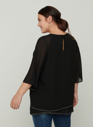 Blouse with 3/4 length sleeves and jewels at the hem, Black, Model image number 1