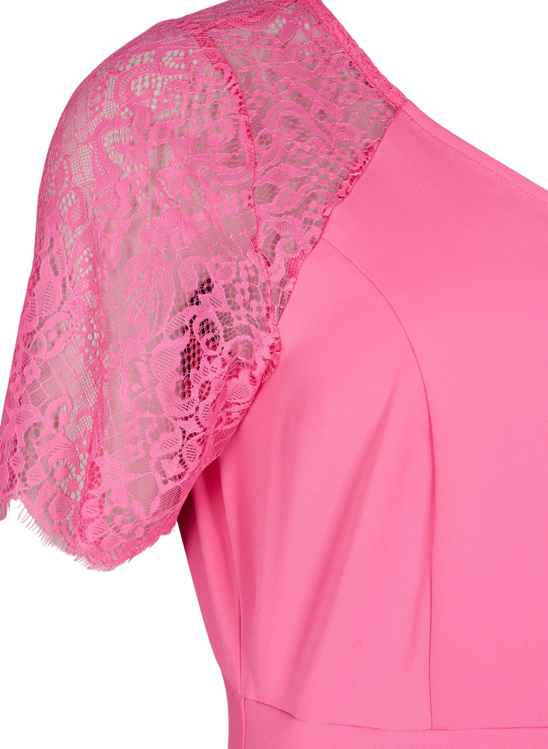 Zizzifashion Midi dress with short lace sleeves, Shocking Pink, Packshot image number 3