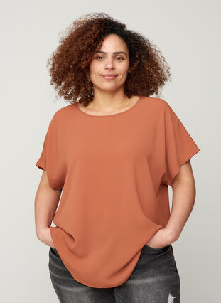 Blouse with short sleeves and a round neckline, Copper Brown, Model image number 0