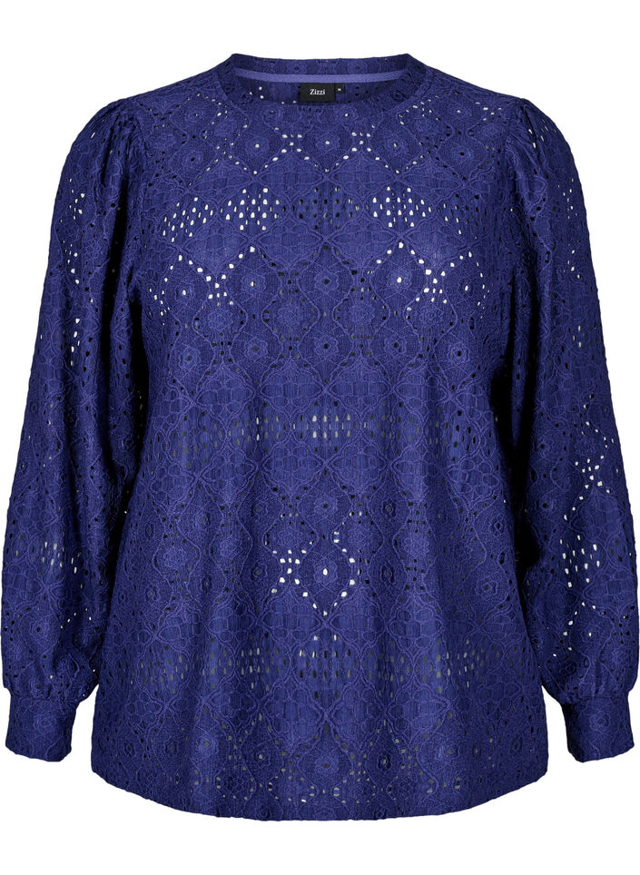Long-sleeved blouse with an openwork pattern, Purple, Packshot image number 0