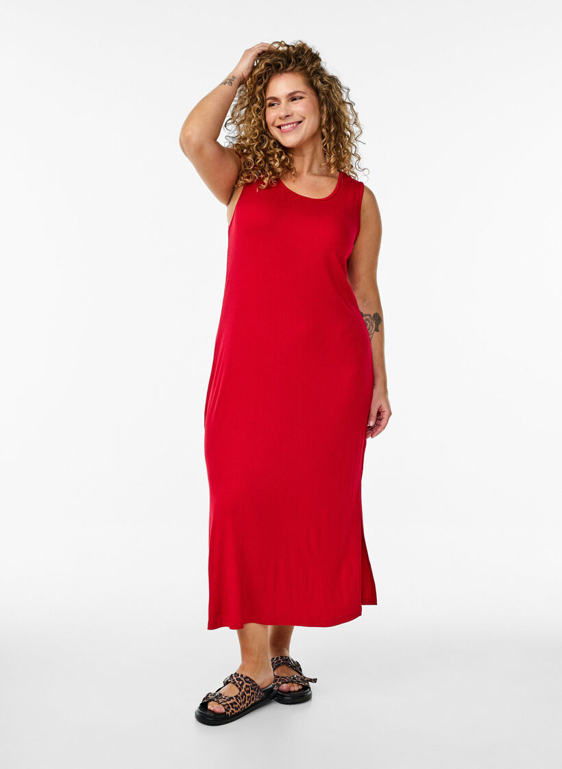 Sleeveless ribbed dress in viscose, Red, Model image number 0
