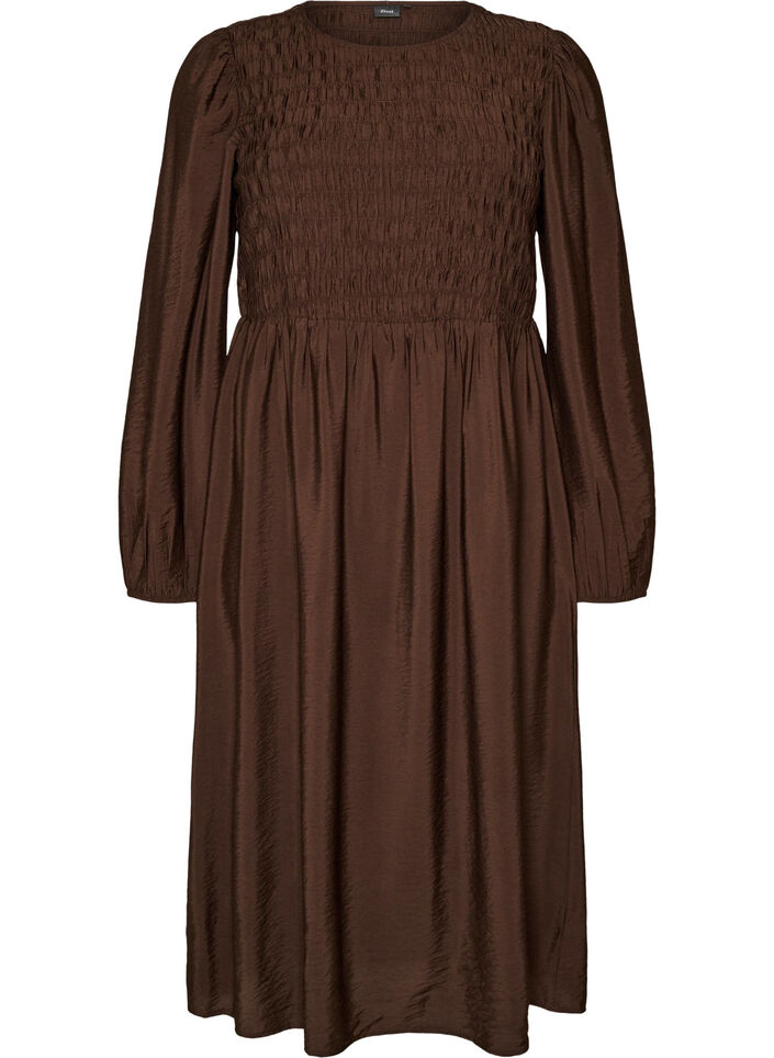 Midi dress in viscose with smocking, Brown, Packshot image number 0