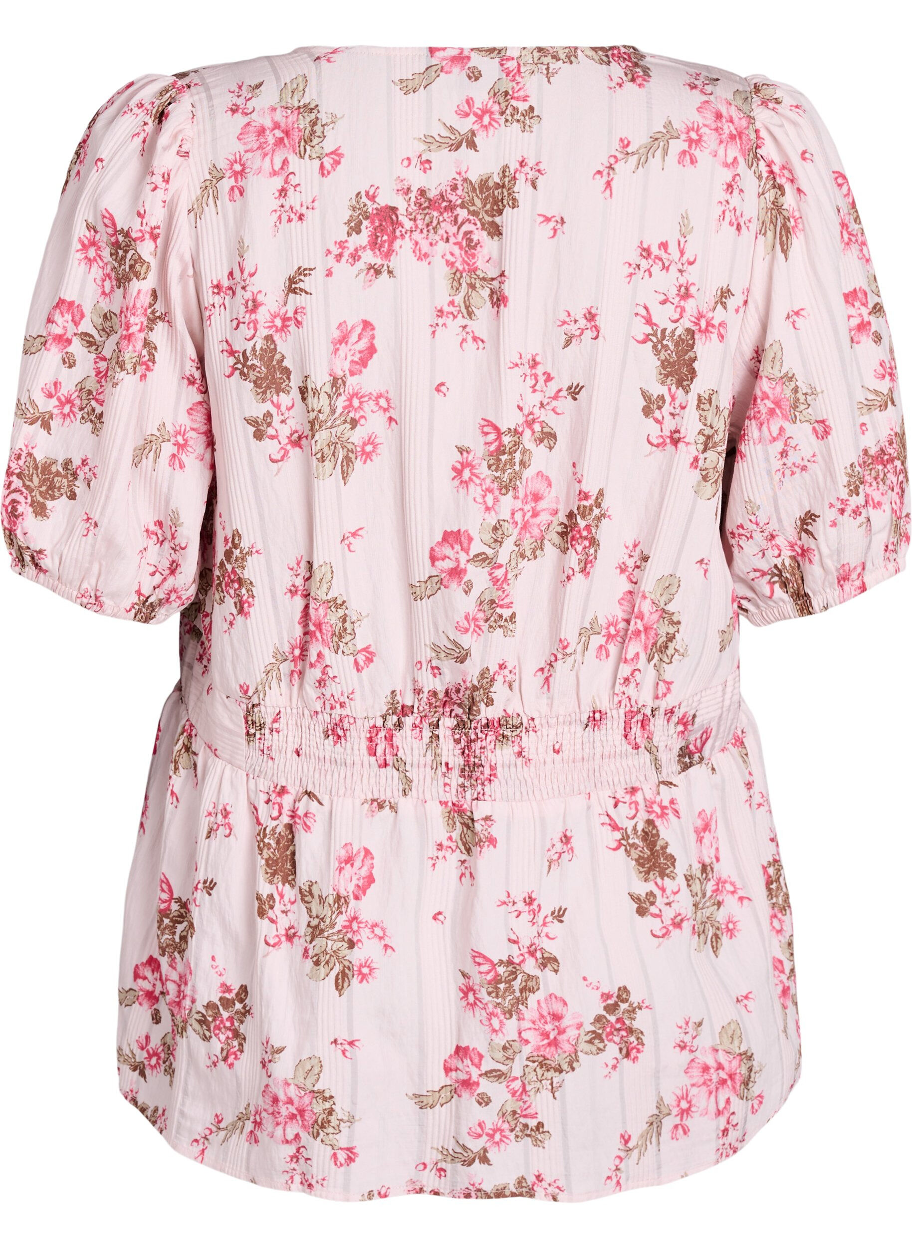 Zizzifashion Floral blouse with short sleeves and smocked waist, Pink, Packshot image number 1