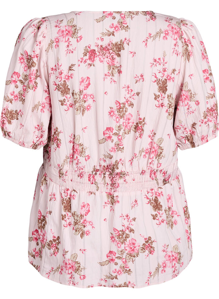 Floral blouse with short sleeves and smocked waist, Pink, Packshot image number 1