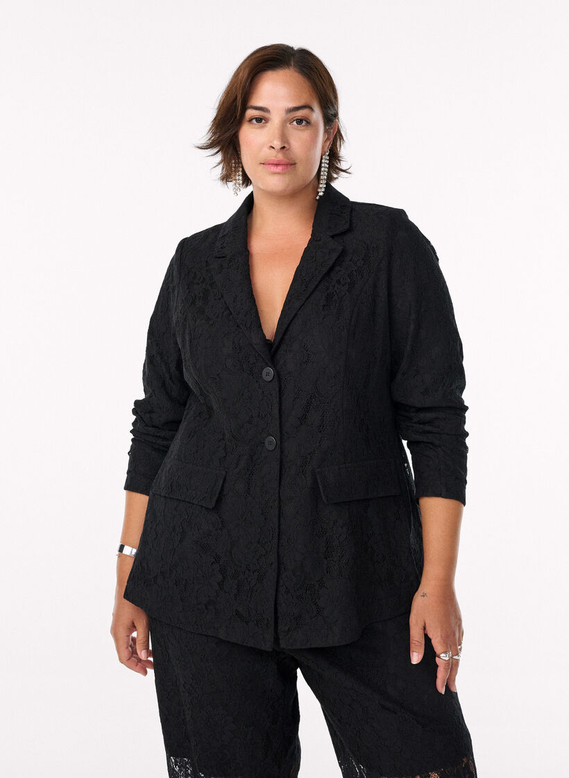 Lace blazer with button closure, Black, Model image number 0