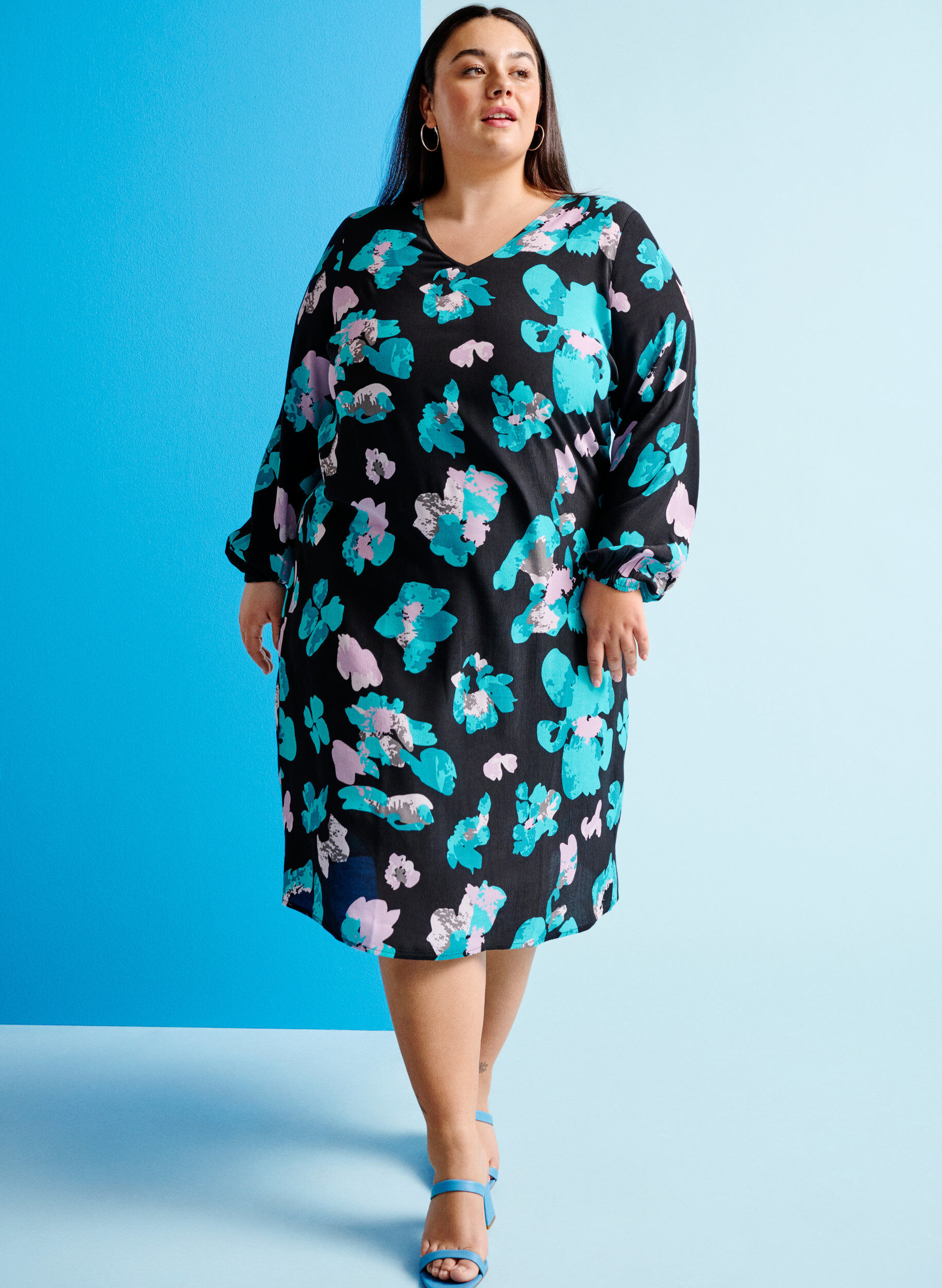 Zizzifashion Long-sleeved viscose dress with print, Blue AOP, Image image number 0
