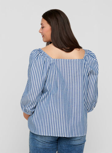 Striped cotton blouse with 3/4 sleeves, Bijou Blue Stripe, Model image number 1