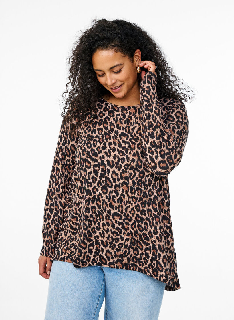 Leopard print blouse with long sleeves, Brown, Model image number 0