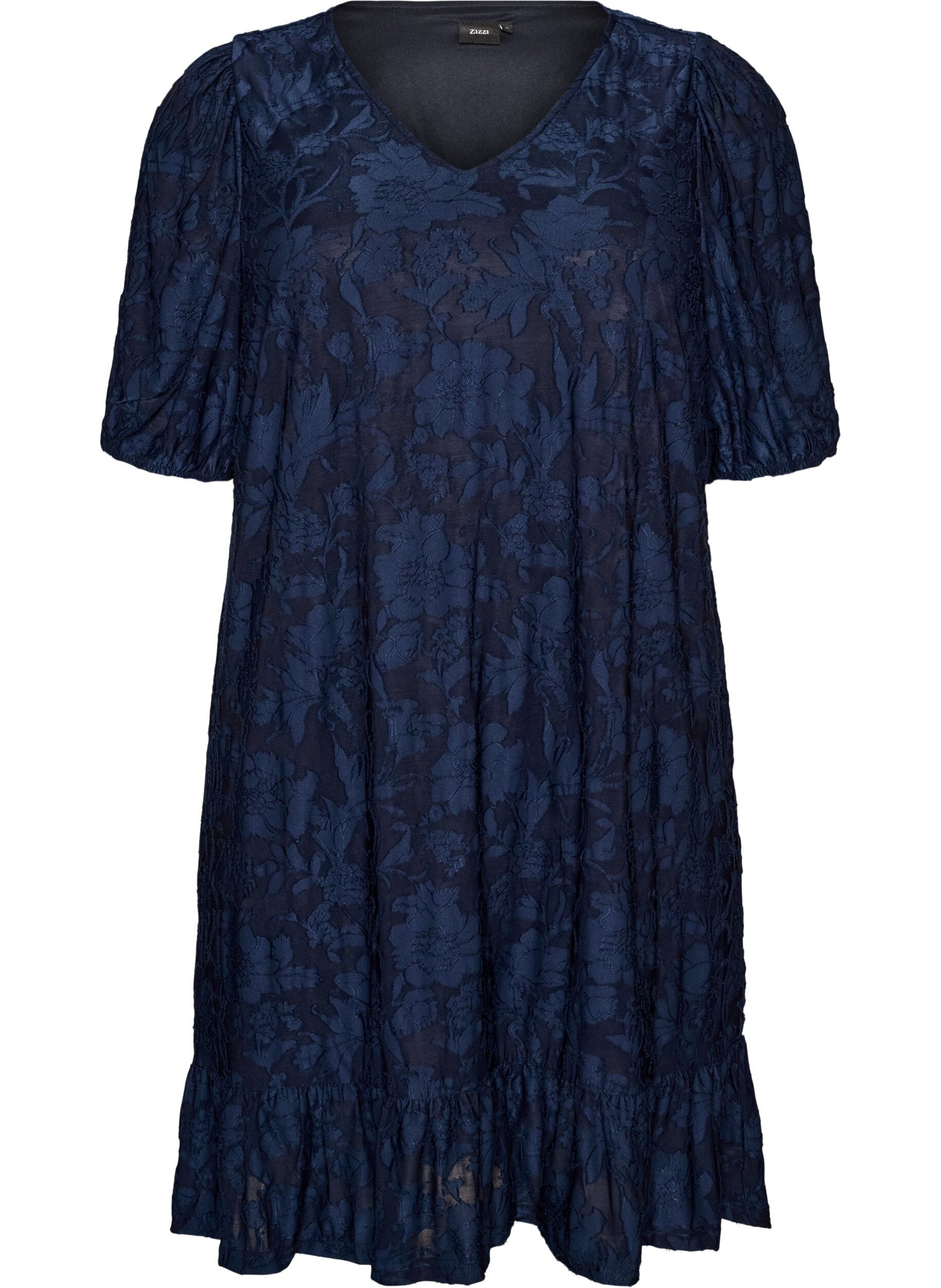 ZizzifashionDress with floral texture and ruffle trim, Blue, Packshot image number 0