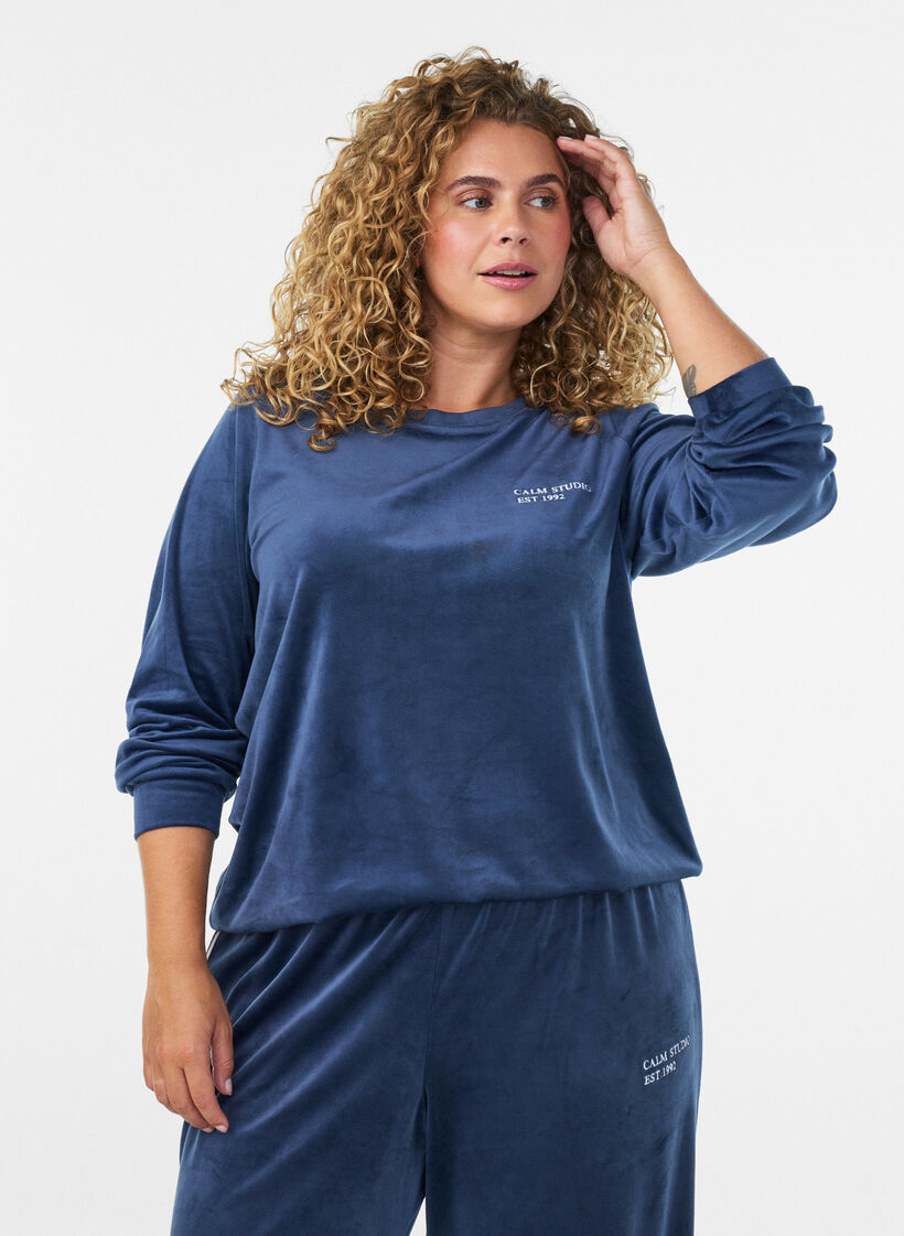 Velour blouse with embroidered text, Blue, Model image number 0