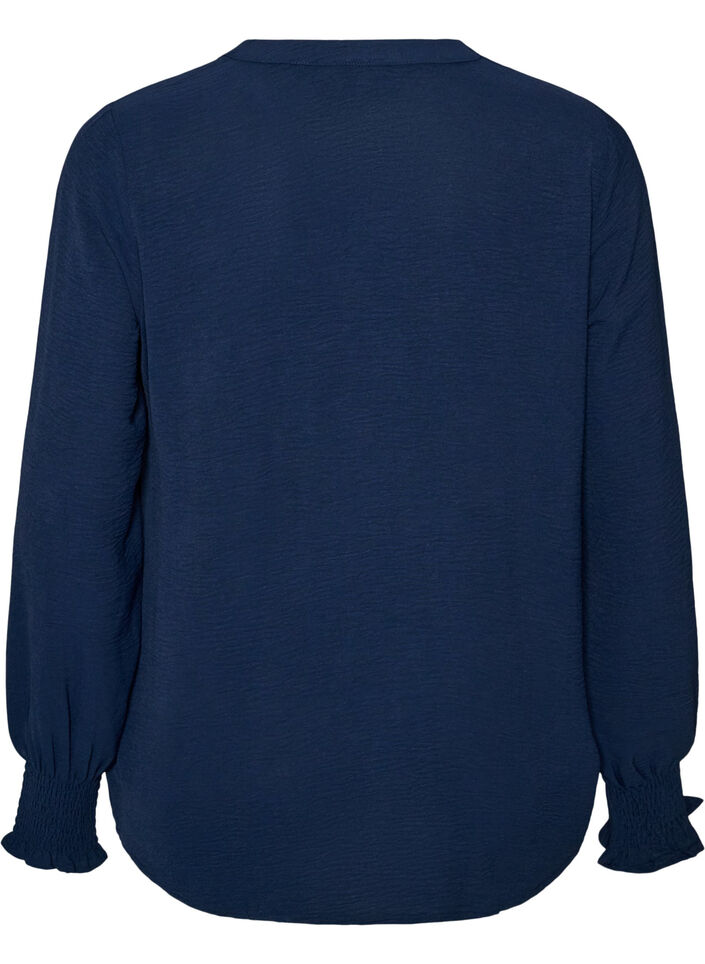 Blouse with smock cuffs and V-neck, Blue, Packshot image number 1