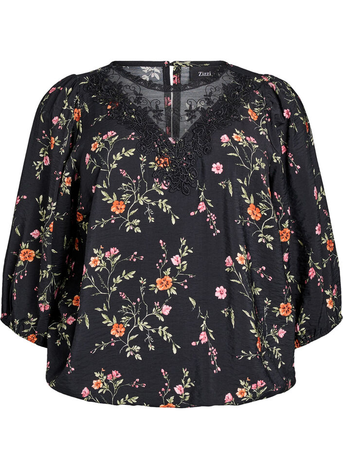 Blouse with 3/4 sleeves and lace details, Black, Packshot image number 0