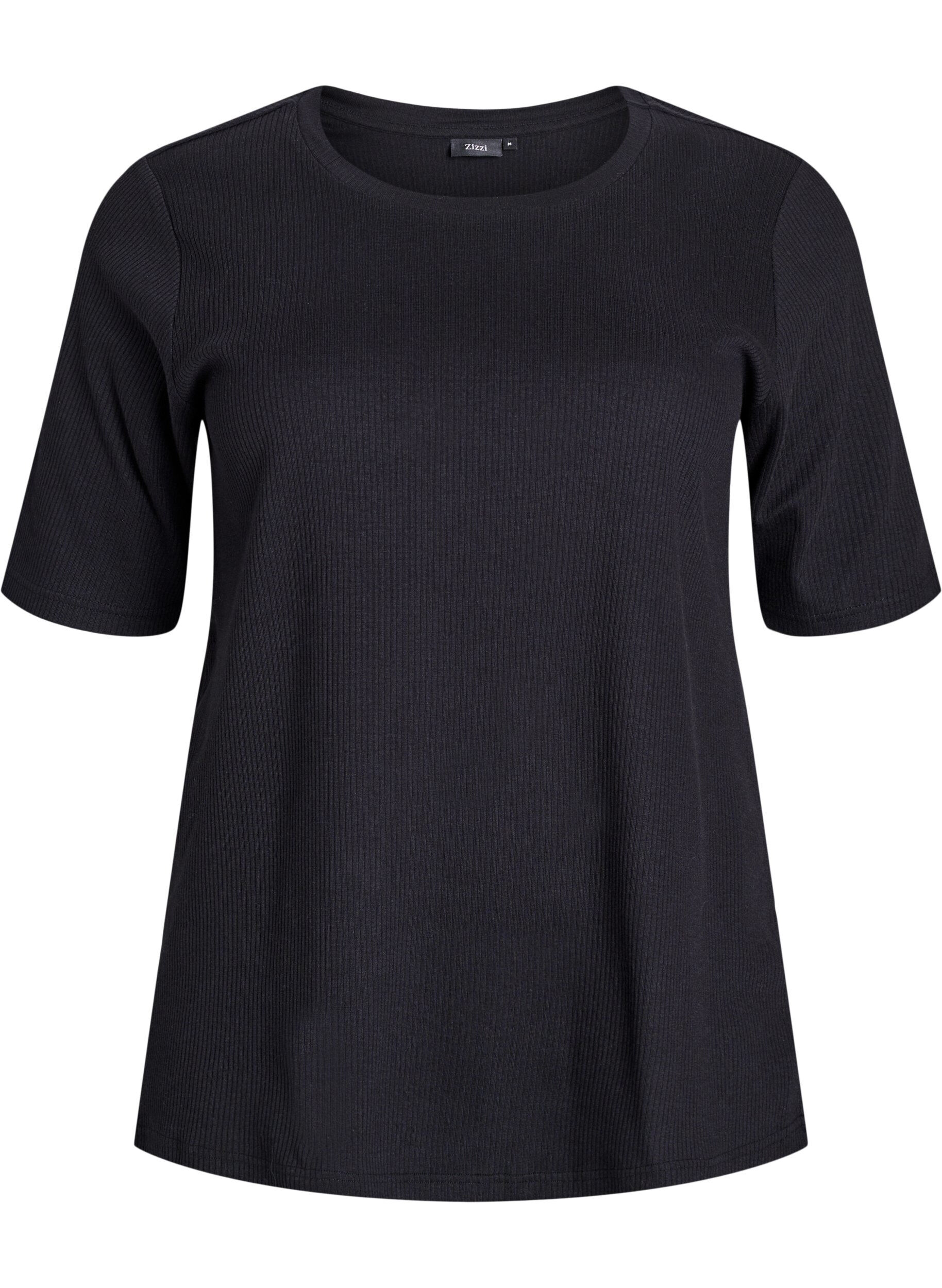 Zizzifashion Ribbed jersey blouse with short sleeves, Black, Packshot image number 0