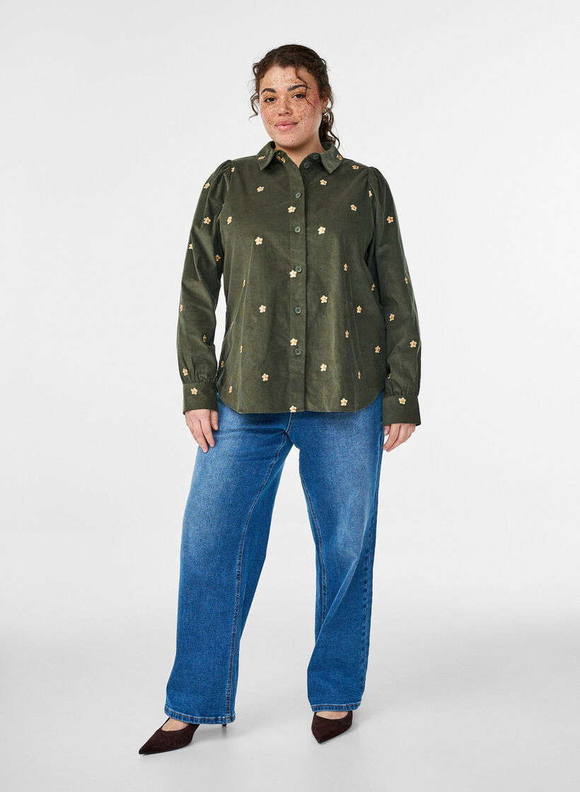 Corduroy shirt with embroidered flowers, Green, Model image number 1