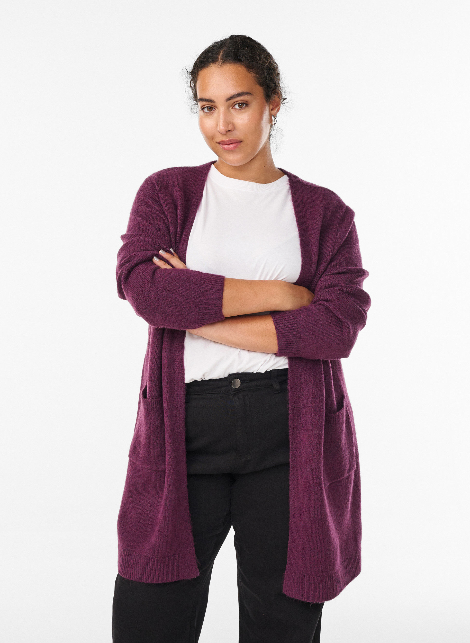 Long knitwear cardigan with pockets, Purple, Model