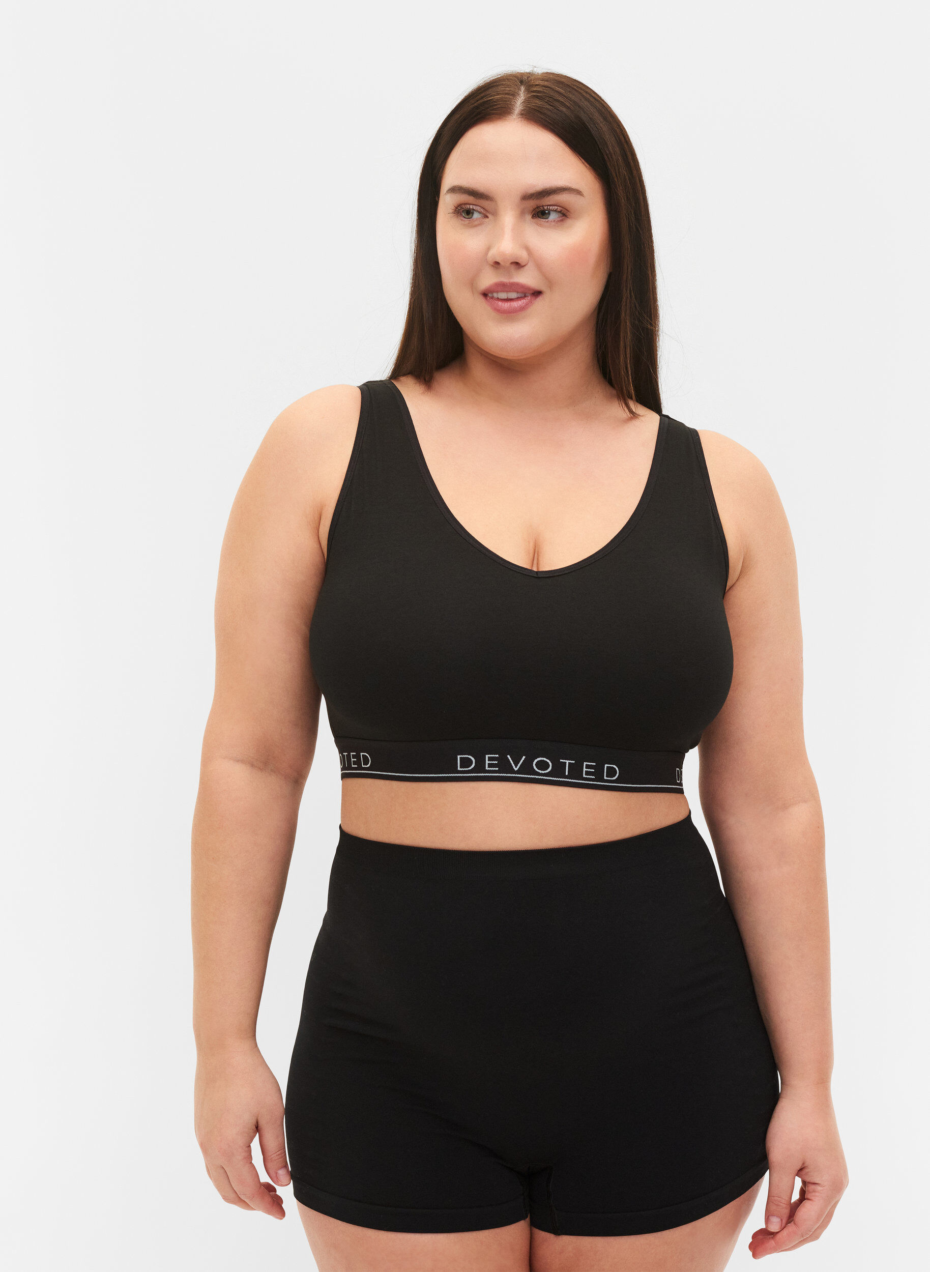 ZizzifashionCotton bra with v-neckline and text print, Black, Model image number 1