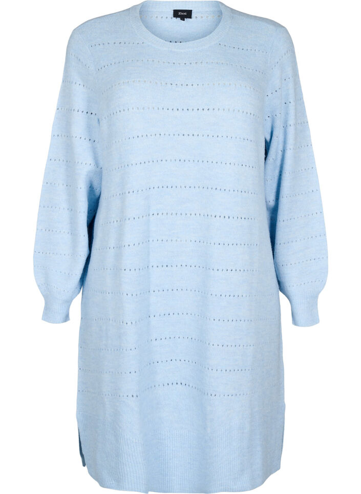 Knit dress with slits and lace pattern, Cashmere Blue Mel., Packshot image number 0