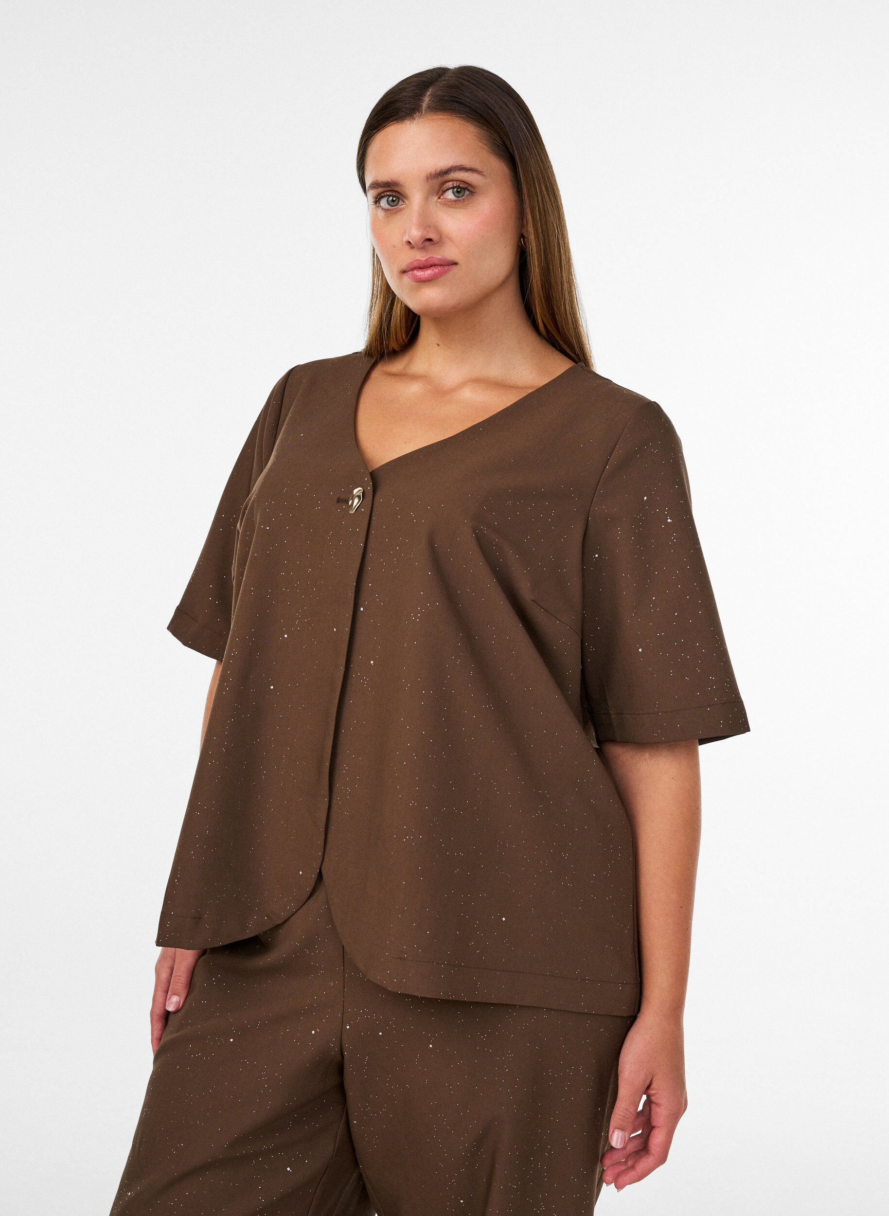 ZizzifashionBlouse with glitter and V-neck, Brown, Model image number 0
