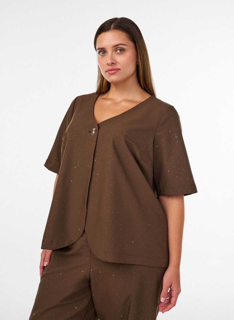 Blouse with glitter and V-neck, Brown, Model image number 0