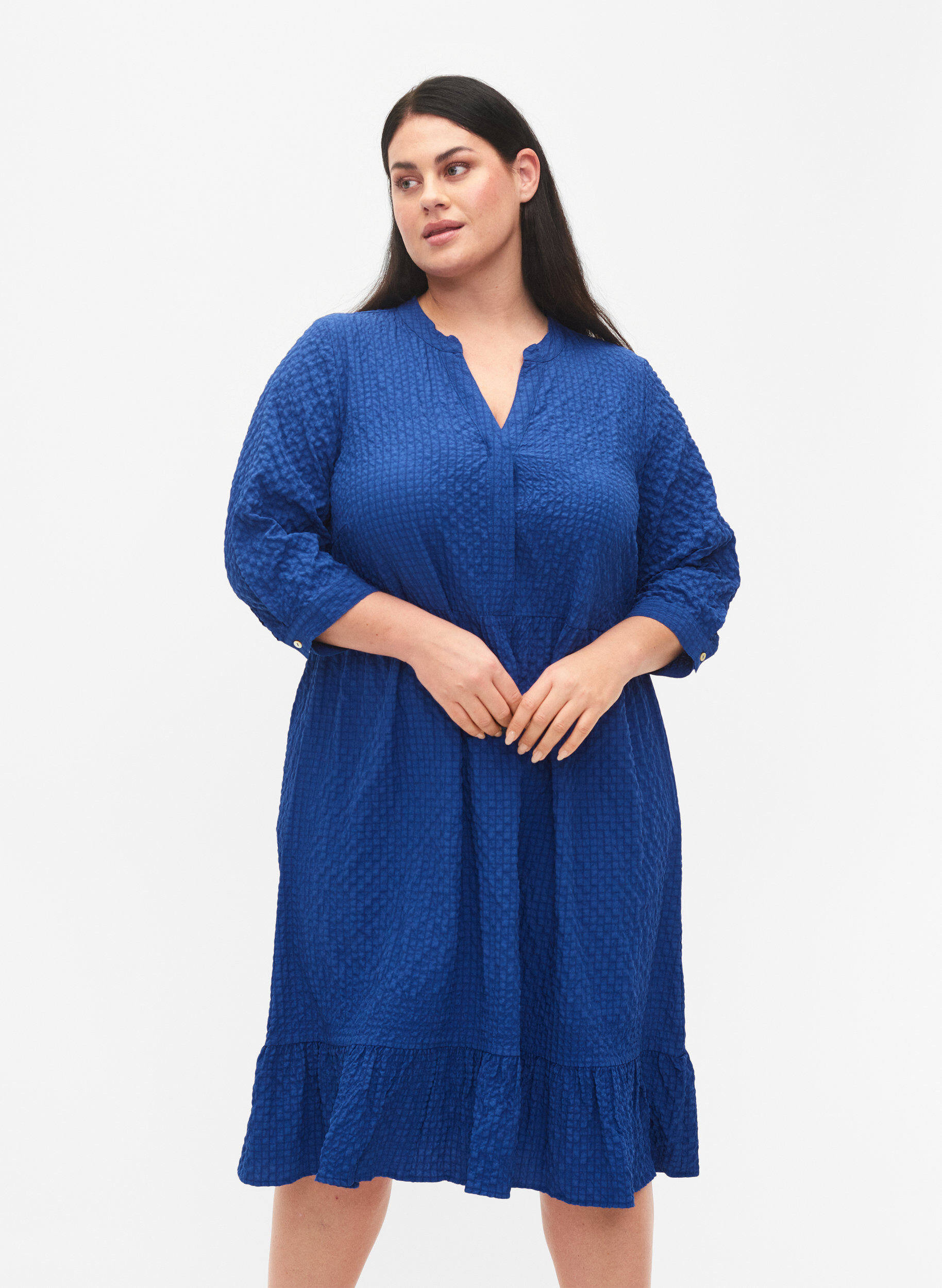 Zizzifashion  Plain midi dress with 3/4 sleeves, True blue, Model image number 0