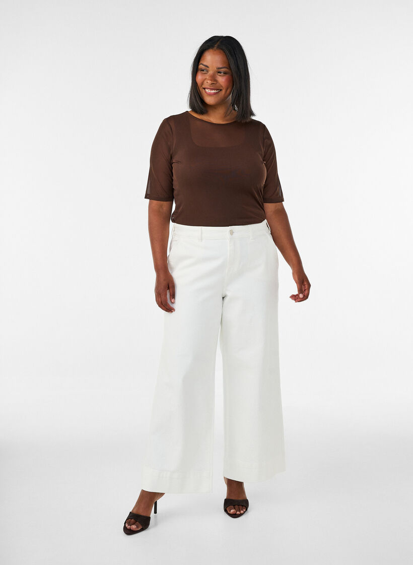 Mesh top with short sleeves and round neck, Brown, Model image number 1