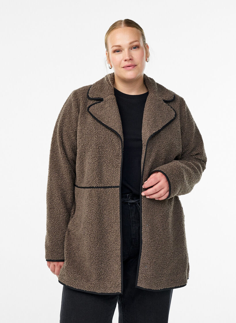 Soft teddy jacket with contrast details, Brown, Model image number 0