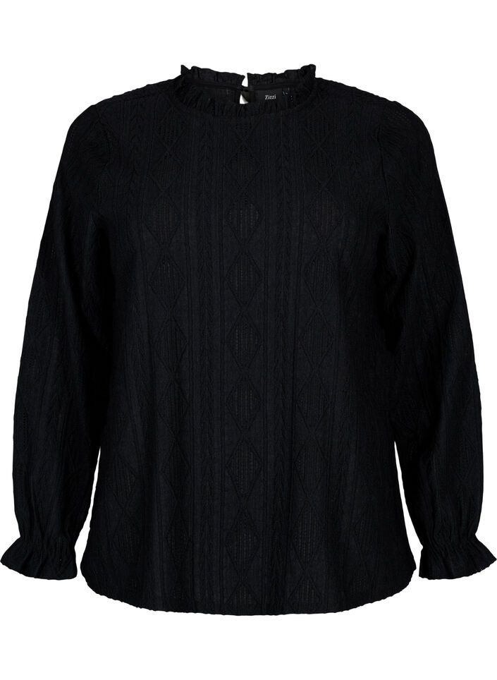 Blouse with ruffle details and tone-on-tone pattern, Black, Packshot image number 0